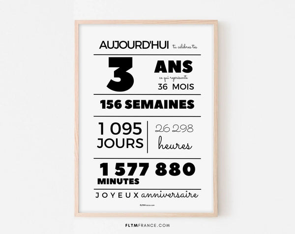 Affiche 3 ans, 36 mois, 156 semaines - Carte anniversaire enfant