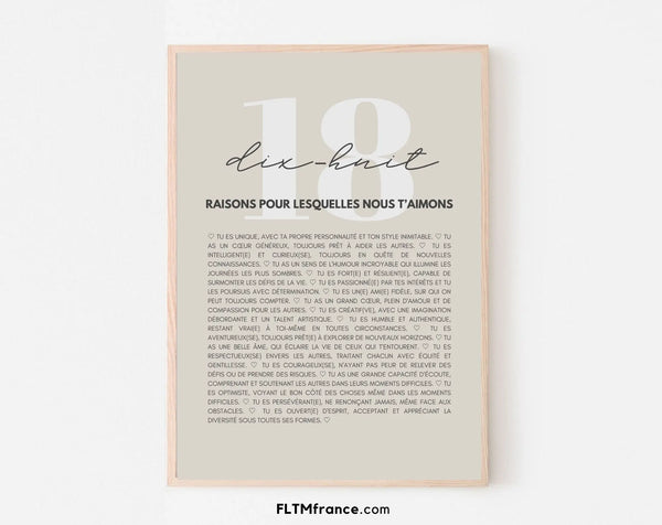 18 raisons pour lesquelles nous t'aimons beige - Cadeau anniversaire 18 ans