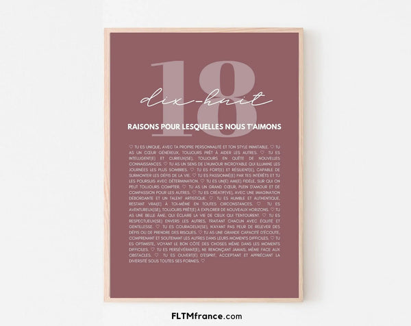 18 raisons pour lesquelles nous t'aimons rose - Cadeau anniversaire 18 ans