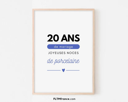 20 ans de mariage Affiche Noces de porcelaine - Cadeau anniversaire de mariage FLTMfrance