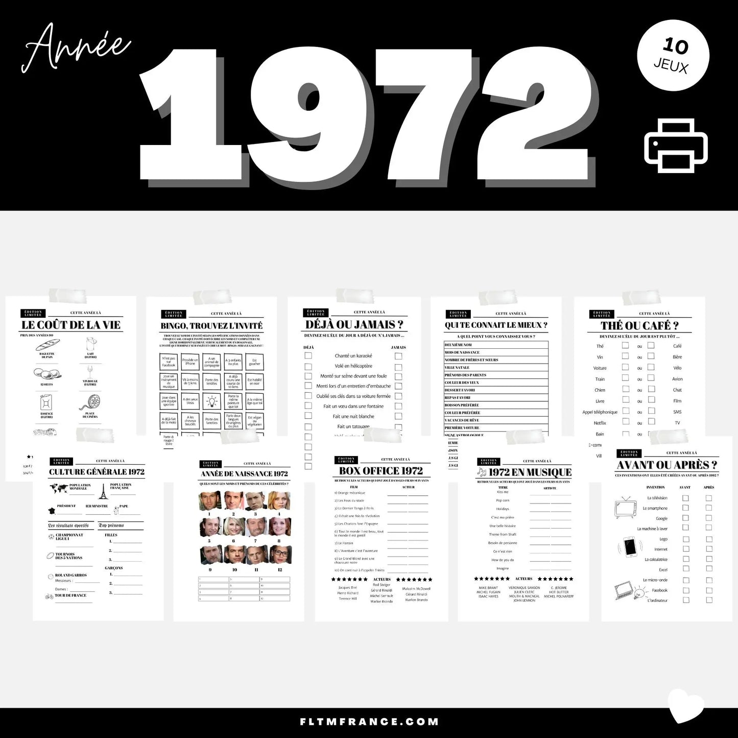 Jeu anniversaire Année 1972 - 10 jeux imprimer pour anniversaire 52 ans FLTMfrance