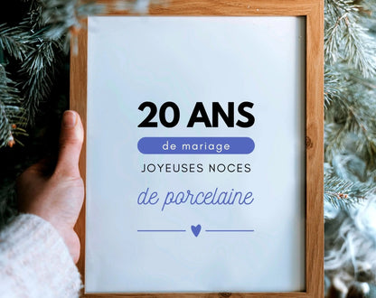 20 ans de mariage Affiche Noces de porcelaine - Cadeau anniversaire de mariage FLTMfrance