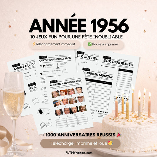 Jeu anniversaire année 1956 - 10 jeux à imprimer pour fêter les 70 ans