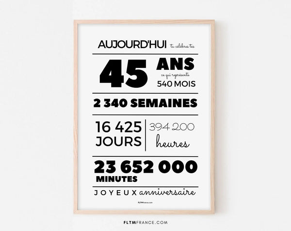 Affiche 45 ans, 540 mois, 2340 semaines - Carte anniversaire