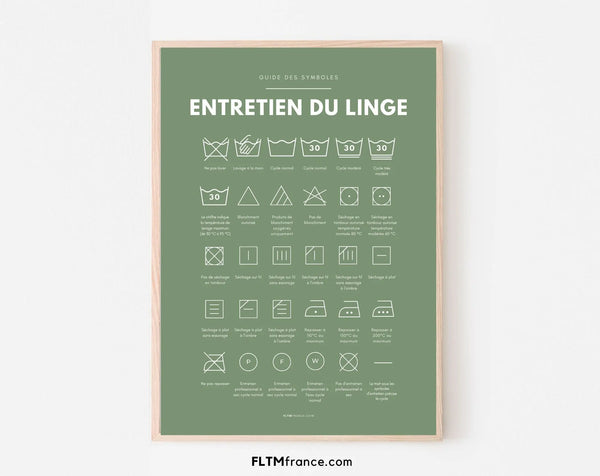 Affiche Entretien du linge fond vert - Poster de buanderie