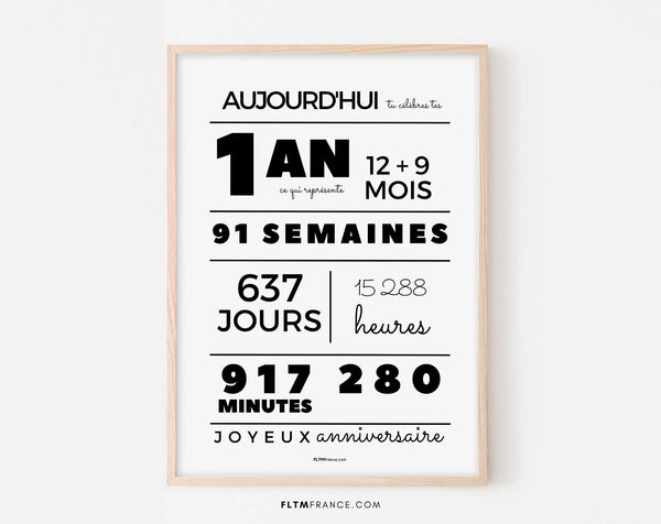 Affiche 1 an, 12 mois, 52 semaines - Carte anniversaire enfant