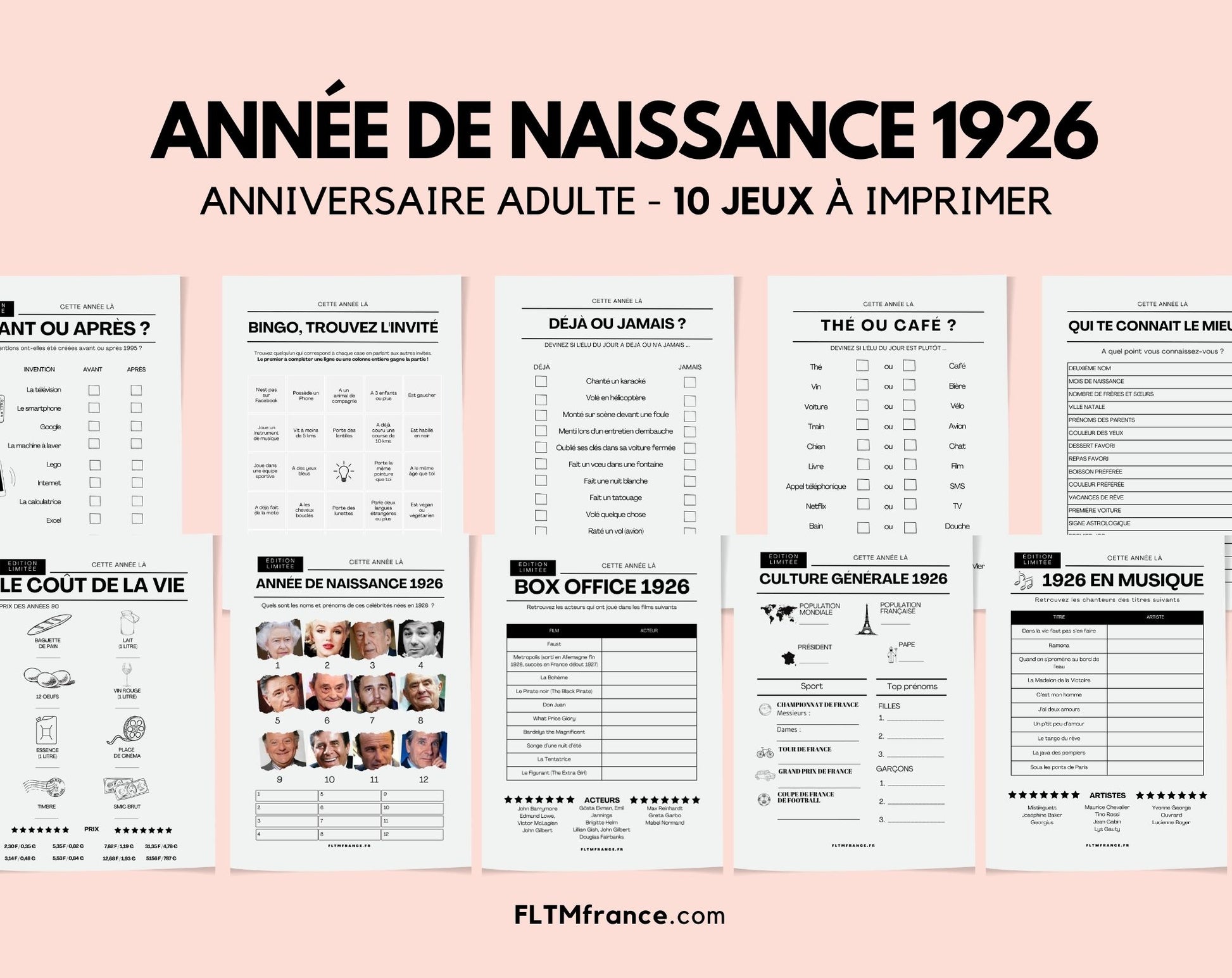 Jeu anniversaire année 1926 - 10 jeux à imprimer pour fêter les 100 ans FLTM