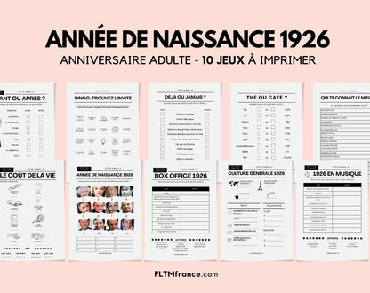 Jeu anniversaire année 1926 - 10 jeux à imprimer pour fêter les 100 ans FLTM