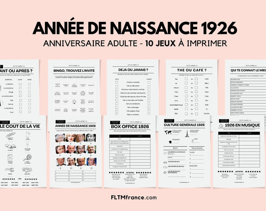 Jeu anniversaire année 1926 - 10 jeux à imprimer pour fêter les 100 ans FLTM