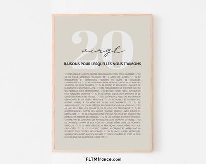 20 raisons pour lesquelles nous t'aimons Affiche personnalisée FLTMfrance