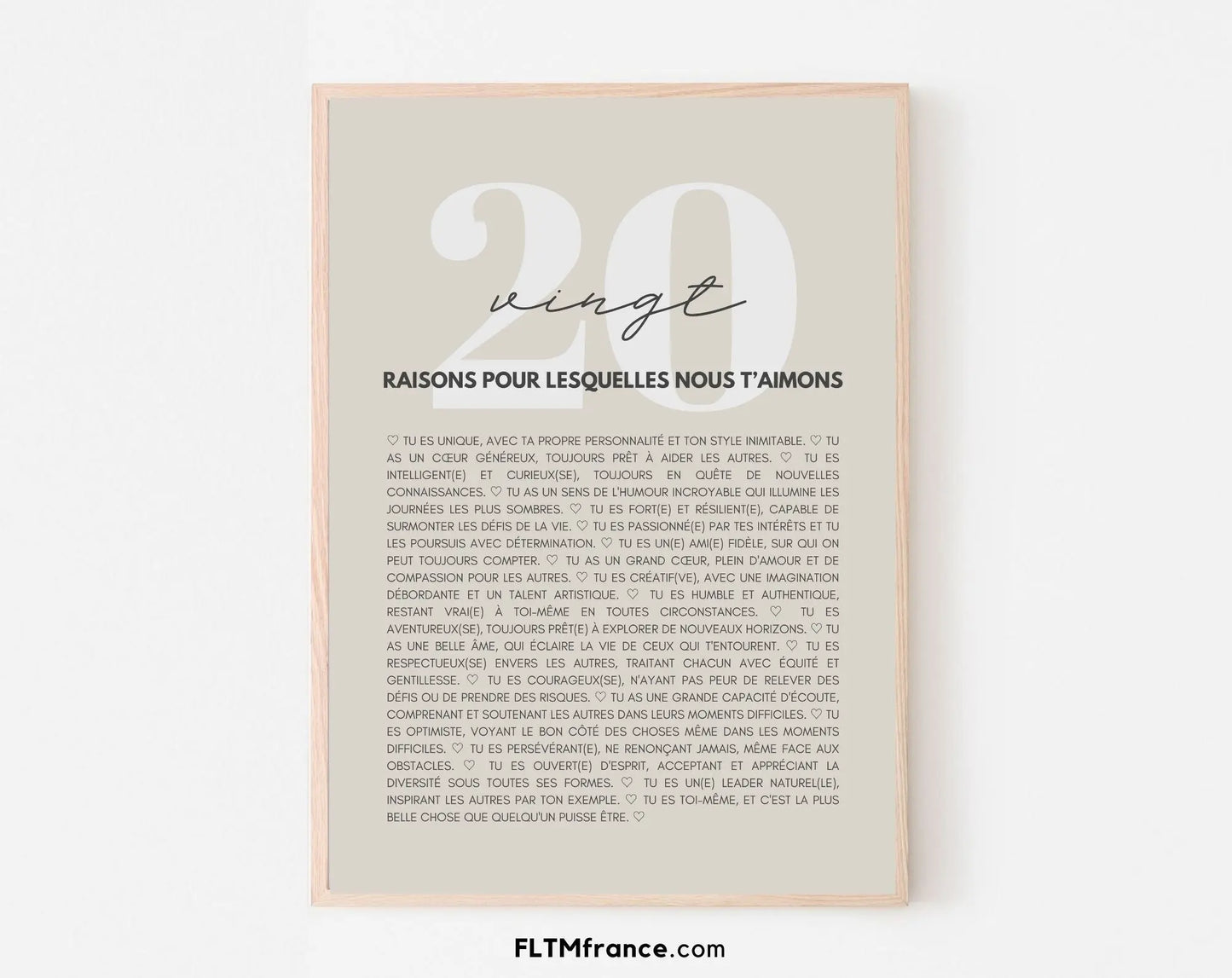 20 raisons pour lesquelles nous t'aimons beige - Cadeau anniversaire 20 ans FLTMfrance