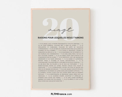 20 raisons pour lesquelles nous t'aimons beige - Cadeau anniversaire 20 ans FLTMfrance