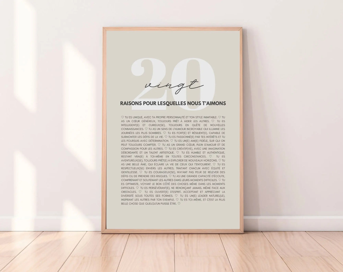 20 raisons pour lesquelles nous t'aimons beige - Cadeau anniversaire 20 ans FLTMfrance