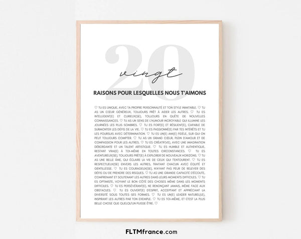 20 raisons pour lesquelles nous t'aimons blanc - Cadeau anniversaire 20 ans