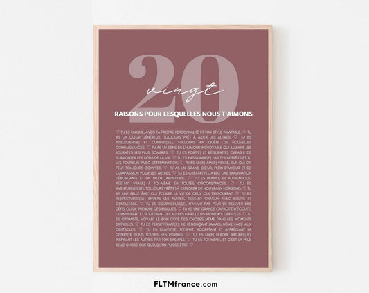 20 raisons pour lesquelles nous t'aimons rose - Cadeau anniversaire 20 ans FLTMfrance