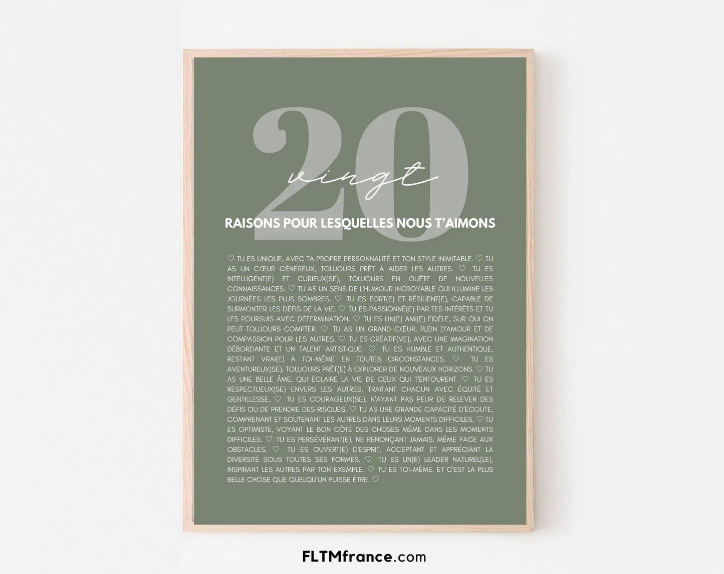 20 raisons pour lesquelles nous t'aimons vert - Cadeau anniversaire 20 ans FLTMfrance
