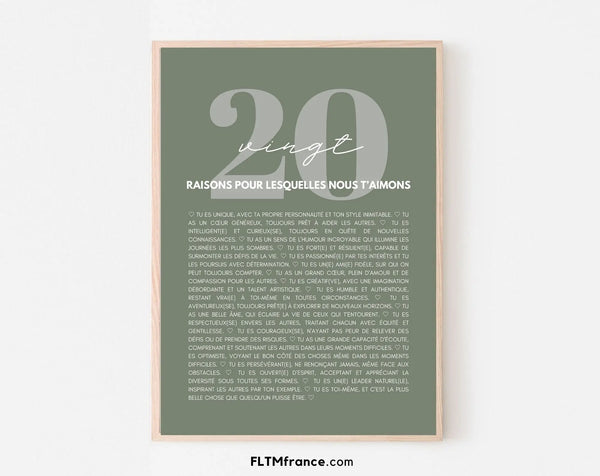 20 raisons pour lesquelles nous t'aimons vert - Cadeau anniversaire 20 ans
