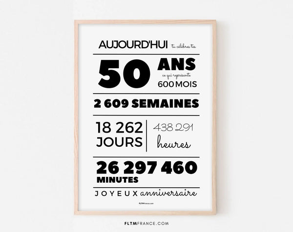 Affiche 50 ans, 600 mois, 2609 semaines - Carte anniversaire