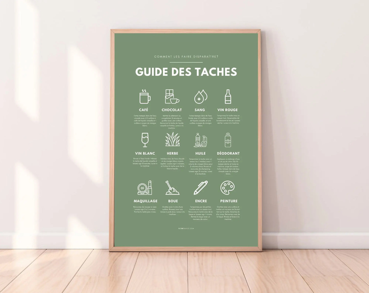 Affiche Guide des taches coloris verts - Entretien du linge enlever les taches - Poster de buanderie - Affiche à imprimer - Décoration murale buanderie FLTMfrance