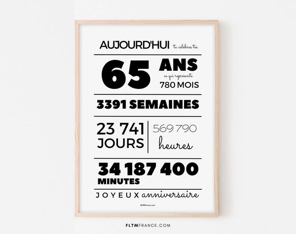 Affiche 65 ans, 780 mois, 3391 semaines - Carte anniversaire