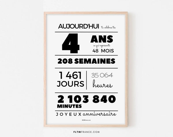 Affiche 4 ans, 48 mois, 208 semaines - Carte anniversaire enfant