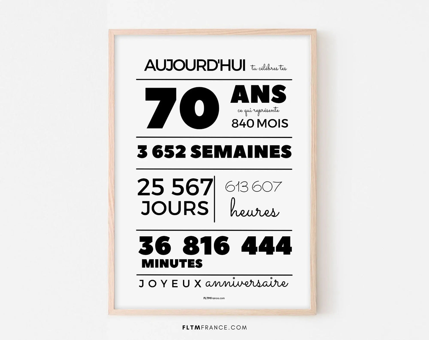 Affiche 70 ans, 840 mois, 3652 semaines - Carte anniversaire FLTMfrance
