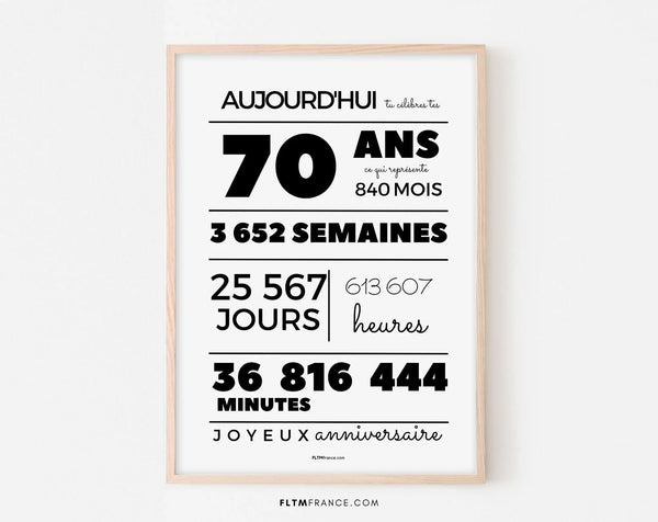 Affiche 70 ans, 840 mois, 3652 semaines - Carte anniversaire