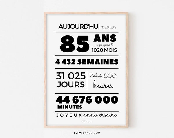 Affiche 85 ans, 1020 mois, 4432 semaines - Carte anniversaire
