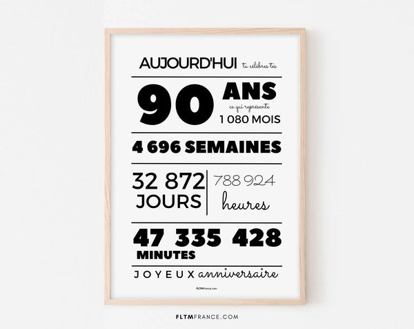 Affiche 90 ans, 1080 mois, 4696 semaines - Affiche anniversaire