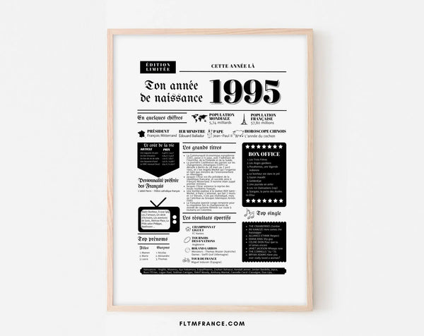 Affiche année de naissance 1995 - Cadeau anniversaire 31 ans