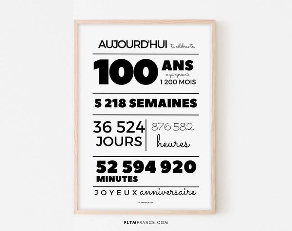 Affiche 100 ans, 1200 mois, 5218 semaines - Carte anniversaire