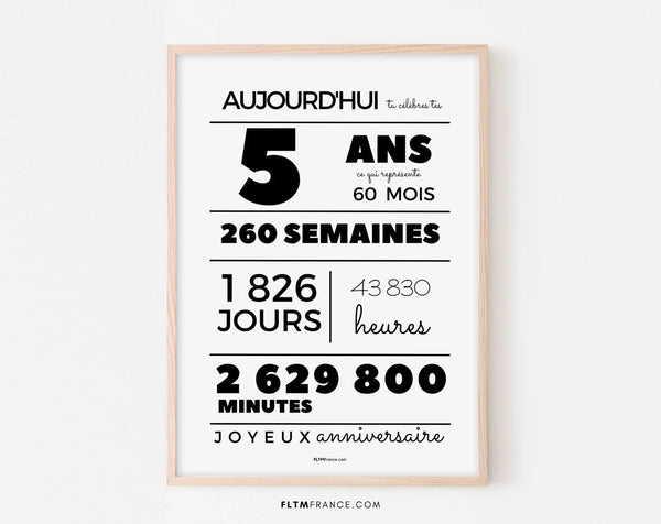 Affiche 5 ans, 60 mois, 260 semaines - Carte anniversaire enfant