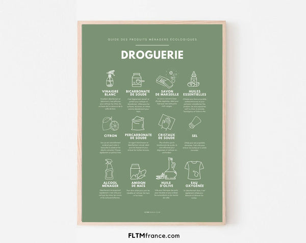Affiche Droguerie coloris verts - Guide des produits ménagers écologiques
