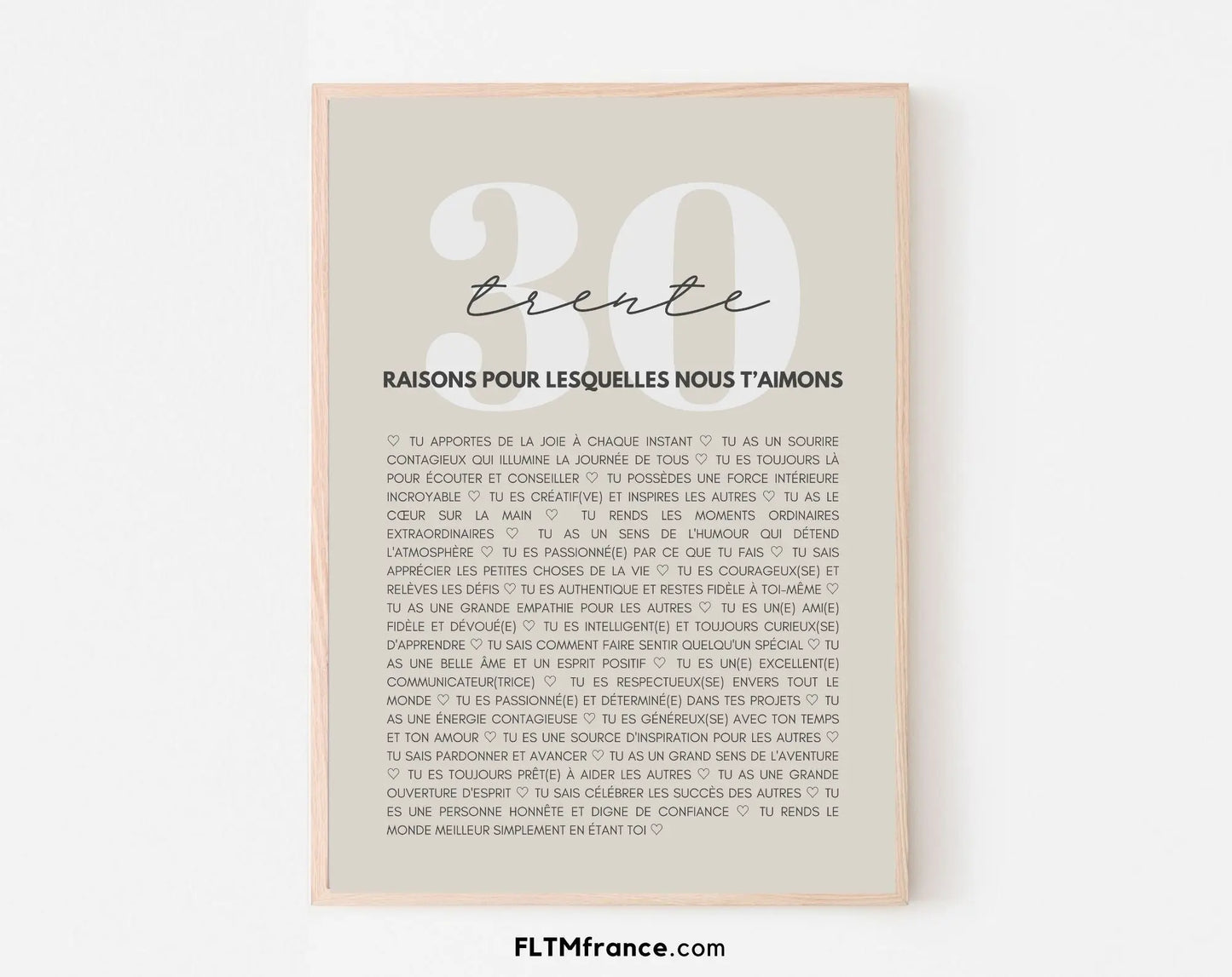 30 raisons pour lesquelles nous t'aimons beige - Cadeau anniversaire 30 ans FLTMfrance