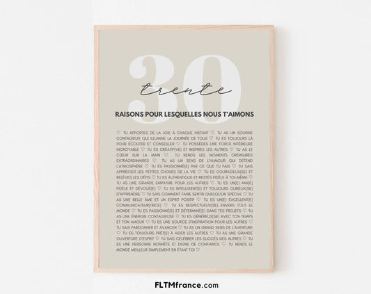 30 raisons pour lesquelles nous t'aimons beige - Cadeau anniversaire 30 ans FLTMfrance