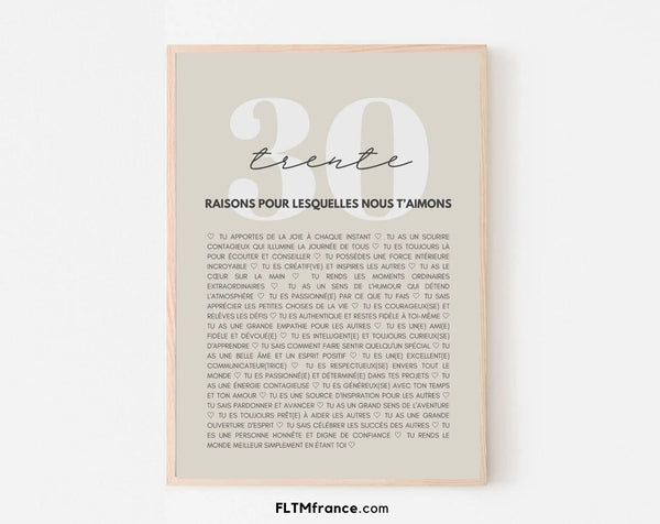 30 raisons pour lesquelles nous t'aimons beige - Cadeau anniversaire 30 ans