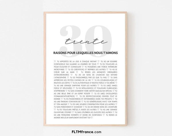 30 raisons pour lesquelles nous t'aimons blanc - Cadeau anniversaire 30 ans