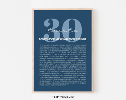 30 raisons pour lesquelles nous t'aimons bleu - Cadeau anniversaire 30 ans FLTMfrance