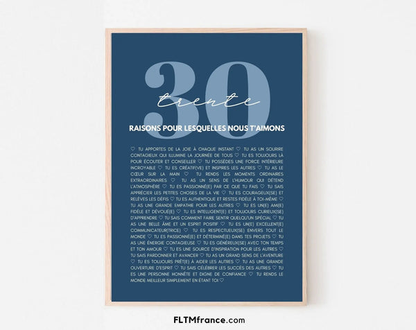 30 raisons pour lesquelles nous t'aimons bleu - Cadeau anniversaire 30 ans