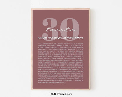 30 raisons pour lesquelles nous t'aimons rose - Cadeau anniversaire 30 ans FLTMfrance