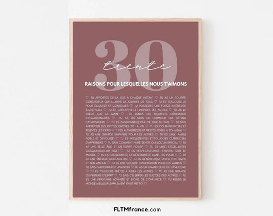 30 raisons pour lesquelles nous t'aimons rose - Cadeau anniversaire 30 ans FLTMfrance