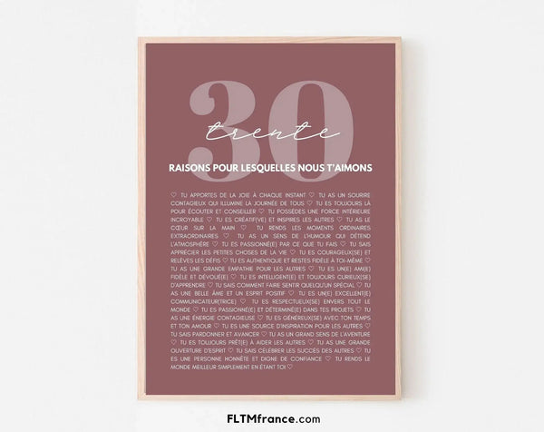 30 raisons pour lesquelles nous t'aimons rose - Cadeau anniversaire 30 ans