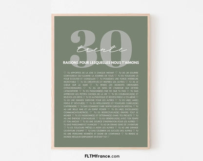 30 raisons pour lesquelles nous t'aimons vert - Cadeau anniversaire 30 ans FLTMfrance