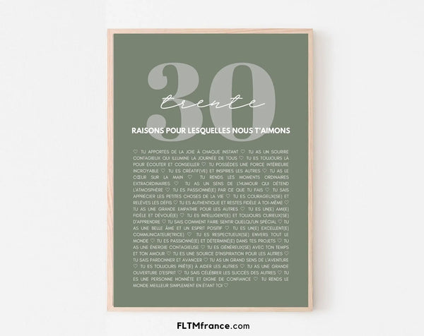 30 raisons pour lesquelles nous t'aimons vert - Cadeau anniversaire 30 ans