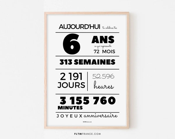 Affiche 6 ans, 72 mois, 313 semaines - Carte anniversaire enfant à imprimer
