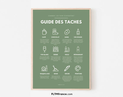 Affiche Guide des taches coloris verts - Entretien du linge enlever les taches - Poster de buanderie - Affiche à imprimer - Décoration murale buanderie FLTMfrance