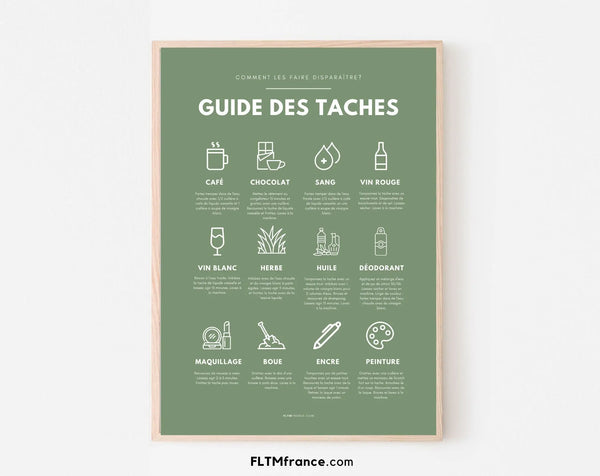 Affiche Guide des taches coloris verts - Entretien du linge buanderie