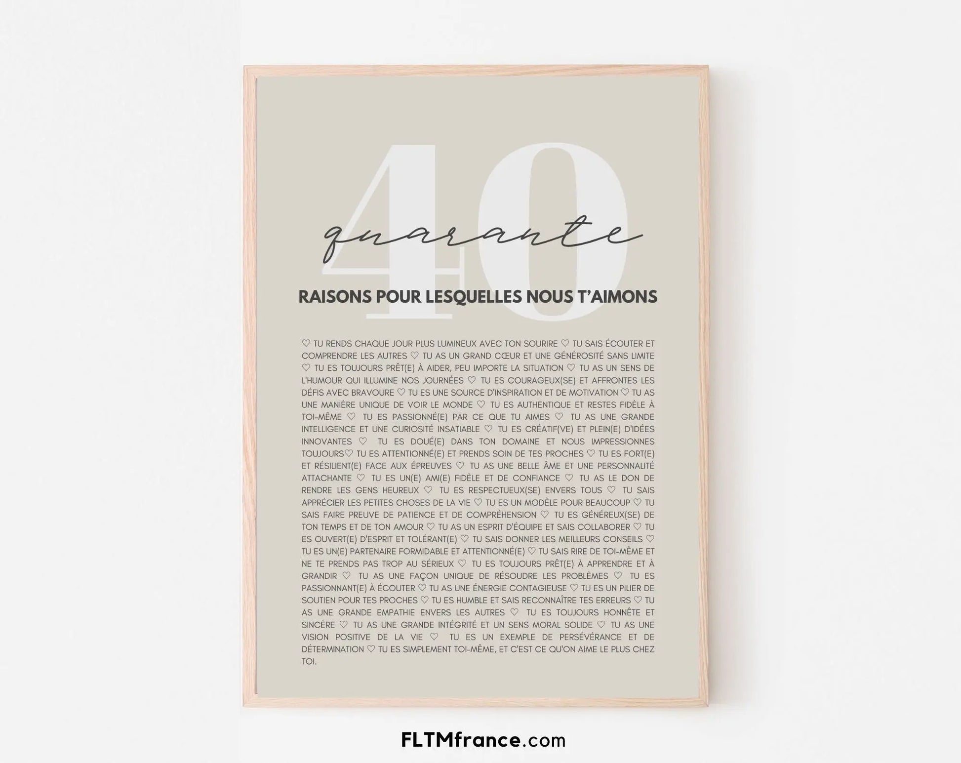 40 raisons pour lesquelles nous t'aimons beige - Cadeau anniversaire 40 ans FLTMfrance