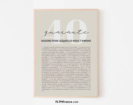 40 raisons pour lesquelles nous t'aimons beige - Cadeau anniversaire 40 ans FLTMfrance
