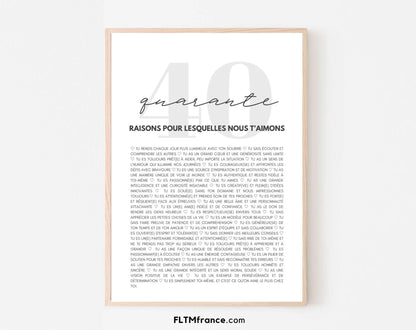 40 raisons pour lesquelles nous t'aimons blanc - Cadeau anniversaire 40 ans FLTMfrance